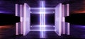 Neon Sci Fi Futuristic Glowing Purple Blue Cyber Glass Plates Stage Podium Club Fashion Event Show Concrete underground Dark