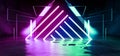 Neon Sci Fi Futuristic Triangle Construction Glowing Red Purple Blue Cyber Glass Plates Stage Podium Club Fashion Event Show