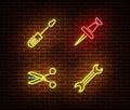 Neon screwdriver, pin, scissors, wrench signs vector isolated on brick wall. Neon work tools light s Royalty Free Stock Photo