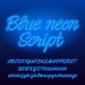 Neon script alphabet font. Blue color lowercase and uppercase bright letters and numbers.