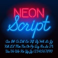 Neon script alphabet font. Blue color lowercase and uppercase letters and numbers. Royalty Free Stock Photo