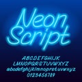 Neon script alphabet font. Blue color lowercase and uppercase shiny letters and numbers. Royalty Free Stock Photo