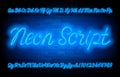 Neon Script alphabet font. Blue neon light uppercase and lowercase letters and numbers on brick wall background.