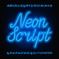 Neon script alphabet font. Blue neon uppercase and lowercase letters and numbers.