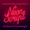 Neon script alphabet font. Neon color lowercase and uppercase letters, numbers and symbols. Royalty Free Stock Photo