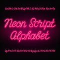 Neon script alphabet font. Handwriting neon uppercase and lowercase letters and numbers.