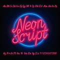 Neon script alphabet font. Red neon uppercase and lowercase letters and numbers.