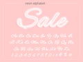 Neon script alphabet font. White neon uppercase and lowercase letters and numbers