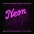 Neon script hand drawn alphabet font. Light turn on and off. Royalty Free Stock Photo