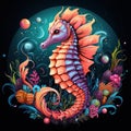 A neon seahorse in a retro aquatic design, making a splash that channels retro beach vibes by AI generated
