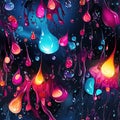 neon seamless pattern with bright colorful rainbow water drop droplets on the glass surface on black multicolored