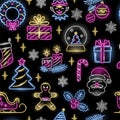 Neon seamless pattern with Christmas icons: Santa, giftbox, candy cane, candle, stocking, cristmas tree, wreathe, sleght