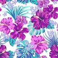 Neon Seamless pattern Exotic hawaiian tropical hibiscus flowers