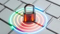 Neon security padlock emitting waves of protection on a computer keyboard for digital safety and security Royalty Free Stock Photo