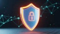 Neon security shield with lock icon on digital network Royalty Free Stock Photo