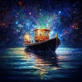 Neon Serenade: A Glowing Boat Sailing under a Starlit Sky