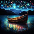 Neon Serenade: A Glowing Boat Sailing under a Starlit Sky