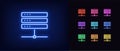 Neon server icon. Glowing neon database sign, outline datacenter pictogram