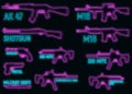 Neon set silhouette weapon military rifle, revolver and pistol, shotgun carbine, knife and submachine gun black simple icon vector