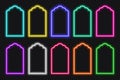 Neon shape Islamic door and window silhouette Glowing arabic arch. Collection of light portal in oriental style. Frames