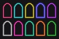 Neon shape Islamic door and window silhouette Glowing arabic arch. Collection of light portal in oriental style. Frames