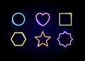 Neon shapes frames. Glowing circle, heart, square, hexagon, star and polygon symbols.