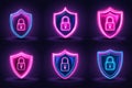 Neon shield icons padlocks glowing in dark digital space representing online security data encryption modern cybersecurity
