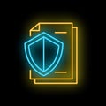 Neon shield protecting documents icon representing data security