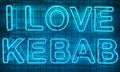 Neon shining sign in blue color on a brick wall with the inscription or slogan I love kebab. Brick wall, background. Bright Royalty Free Stock Photo