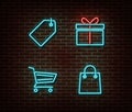 Neon shopping signs vector isolated on brick wall. Discount card,cart, gift, shop bag light symbol,