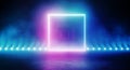 Neon showroom with shining square form portal and light beams up to tunnel background. Cube futuristic neon form window background