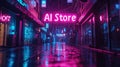 Neon sign AI Store in cyberpunk city at night, robot shops on dark grungy street with purple light. Concept of dystopia, anime,