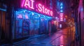 Neon sign of AI Store on dark wet deserted street in rain at night, gloomy city buildings with purple and blue light. Concept of Royalty Free Stock Photo