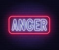Neon sign Anger on brick wall background.