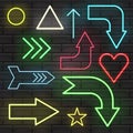 Neon sign arrow pointer bright signboard light banner illuminated vector icons. Glow electric night lamp decoration. Royalty Free Stock Photo