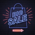 Neon sign big sale open on brick wall background. Royalty Free Stock Photo