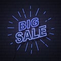 Neon sign big sale open on brick wall background. Vintage elect Royalty Free Stock Photo