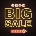 Neon sign big sale open on brick wall background. Royalty Free Stock Photo