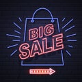 Neon sign big sale open on brick wall background. Royalty Free Stock Photo