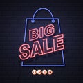 Neon sign big sale open on brick wall background. Vintage electrNeon sign big sale open on brick wall background. Royalty Free Stock Photo