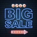 Neon sign big sale open on brick wall background. Vintage electric signboard. Royalty Free Stock Photo