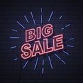 Neon sign big sale open on brick wall background. Vintage signboard. Royalty Free Stock Photo