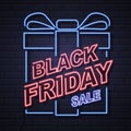 Neon sign black friday big sale open on brick wall background. V Royalty Free Stock Photo