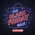 Neon sign black friday big sale open on brick wall background. Royalty Free Stock Photo