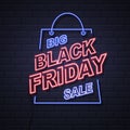 Neon sign black friday big sale open on brick wall background. V Royalty Free Stock Photo