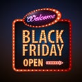 Neon sign black friday open. Vintage electric signboard. Royalty Free Stock Photo