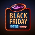 Neon sign black friday open. Vintage electric signboard. Royalty Free Stock Photo