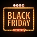 Neon sign black friday open. Vintage electric signboard. Royalty Free Stock Photo