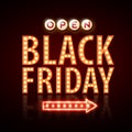 Neon sign black friday open. Vintage electric signboard. Royalty Free Stock Photo