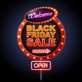 Neon sign black friday sale open. Vintage electric signboard. Royalty Free Stock Photo